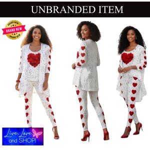 3 PIECE SET: White Jacket w/Rose Hearts, Matching Pants, and Tank Top, NWOT